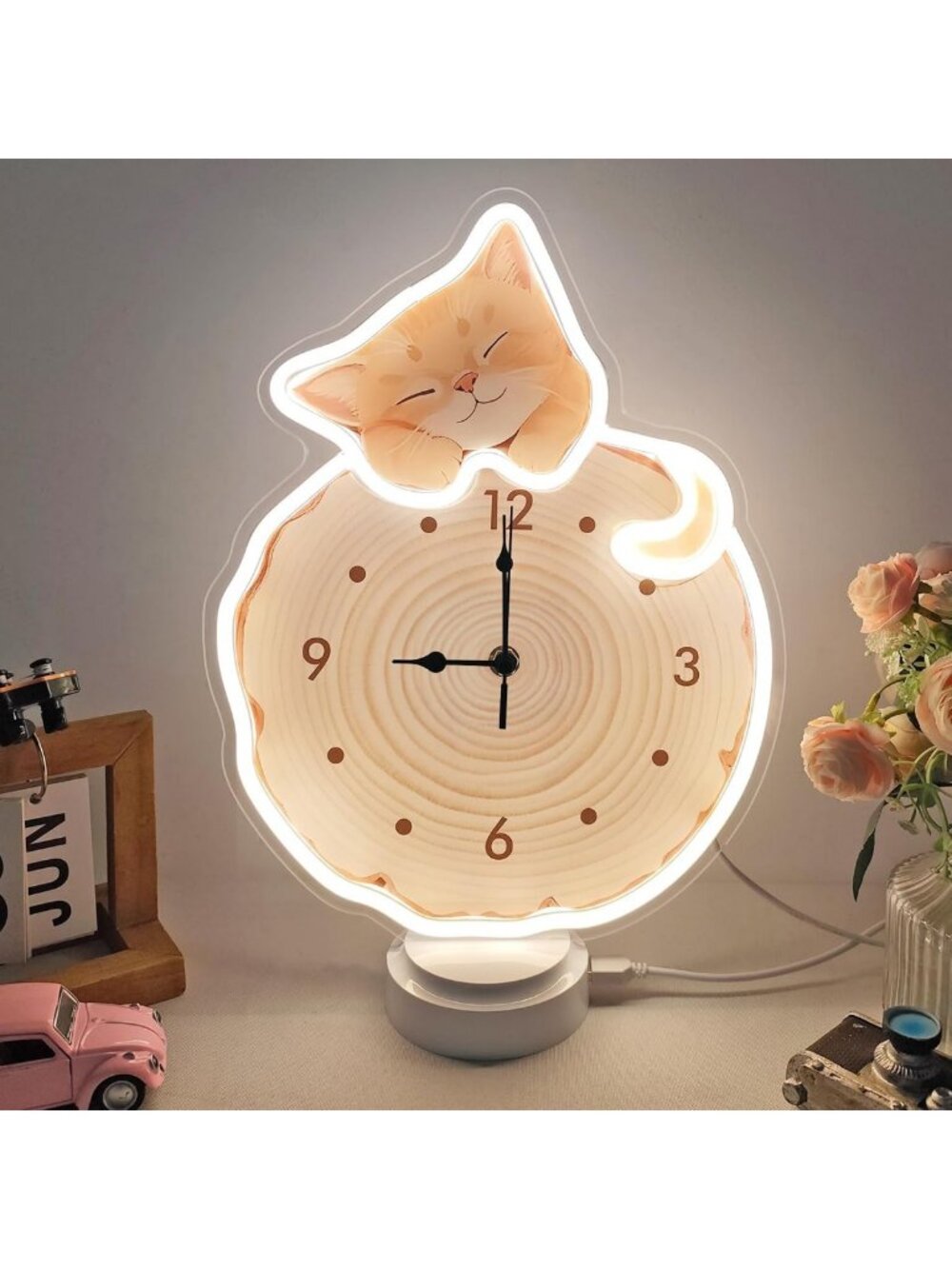 Silent Neon Cat Clock - LED Night Light Wood Slice Art Decor for Kids & Cat